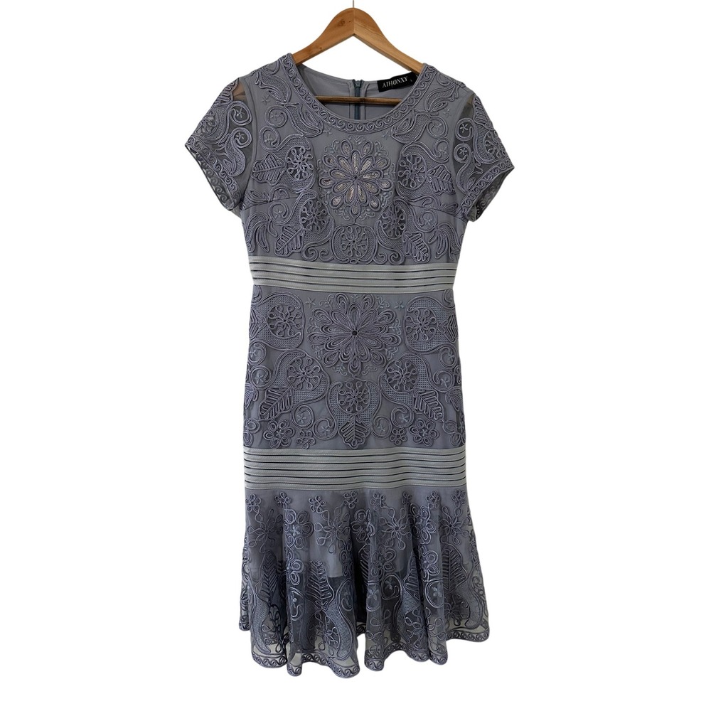 Womans Embroidered Short Sleeve Sequin Mesh Midi Dress L Formal Cocktail Wedding